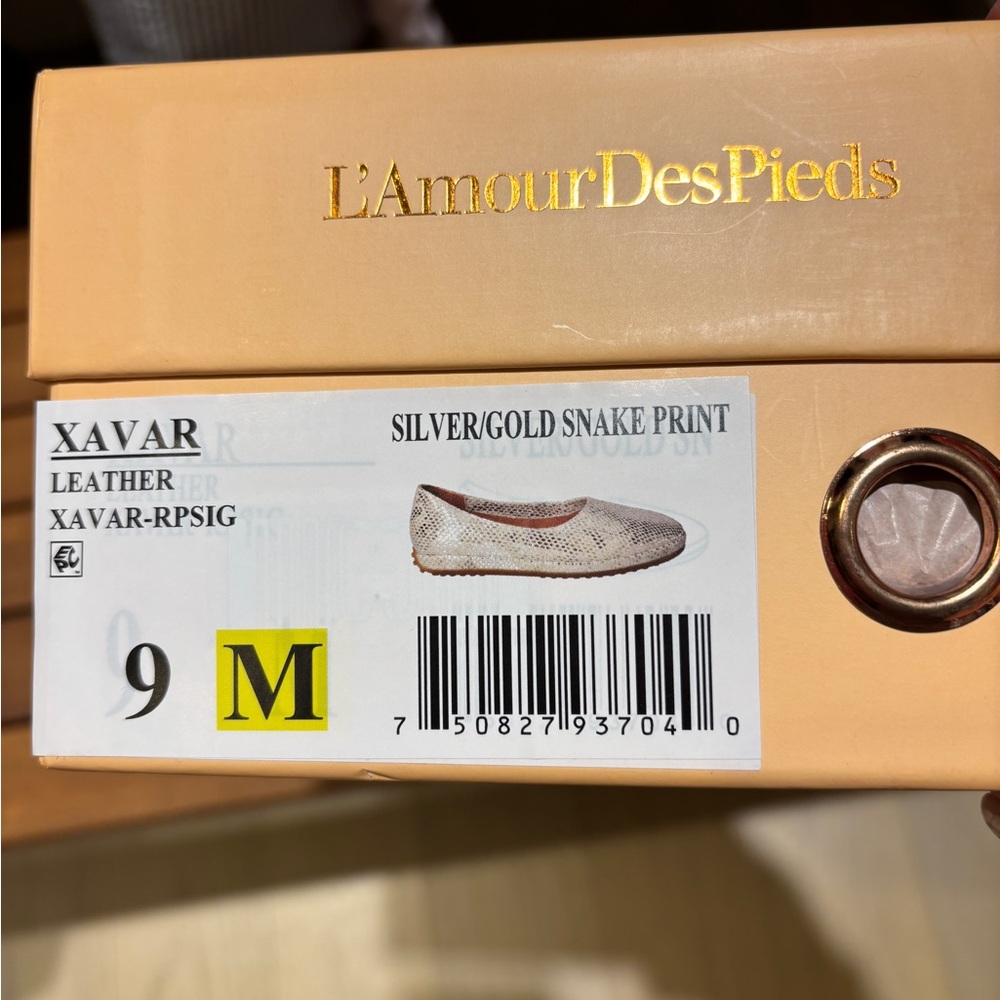 L'Amour Des Pieds Silver Gold Snake Print Leather Flats